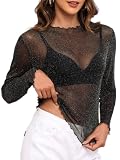 YVH Womens Sheer Mesh Long Sleeve Tops Stretch Shine Tee, Black Silver L | See-through Glittering Shirt, Casual Sparkle Blouse for Layering, Daily, Club, Concerts, Fall Going Out, NYE Outfits, Party