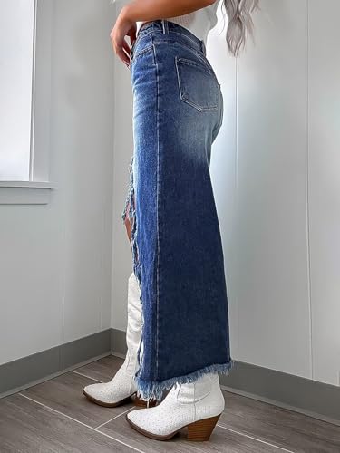 Flamingals Jeans Skirt for Women High Waist Vintage Straight Raw Hem Split Asymmetrical Long Pencil Denim Skirt4