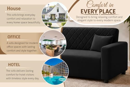 Image of Rosebell 3 Seater Wooden Sofa for Living Room, Modern Fabric Upholstered Sofa with Quilted Backrest, Cushioned Seating, Padded Armrests & Sturdy Wooden Frame - Black