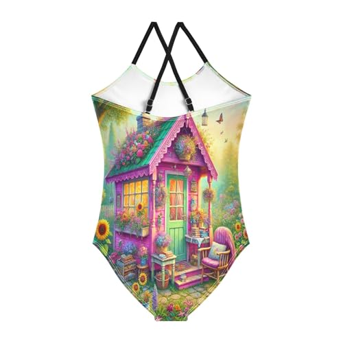 Flowers Sunflowers House Bathing Suits for Girls Kids Swimsuits Summer Beach Swimwear One Piece Swimsuits2