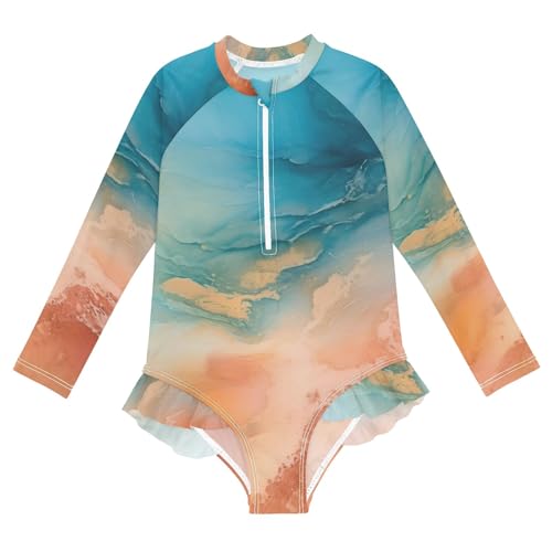 ALAZA Swimsuit for Girls Long Sleeve Rashguard Bathing Suit Blue Marble Orange Quick Dry 4T