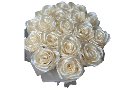 Image of Handcrafted Satin Rose Bouquet Handmade Flowers, Decorative Ribbon Bow for Valentine's Day, Wedding, Home Decor, Anniversary, Birthday with 4 Personalized poloroid photo (White basket model)