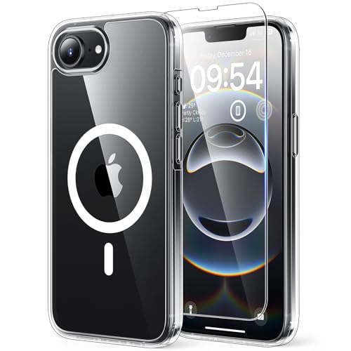 TAURI für iPhone 16e Hülle 6,1' mit Panzer Schutz Glas Folie, Kompatibel mit MagSafe, Schutz nach Militärstandard, [Anti-Vergilbung] Stoßfest Magnetisch Handyhülle - Durchsichtig