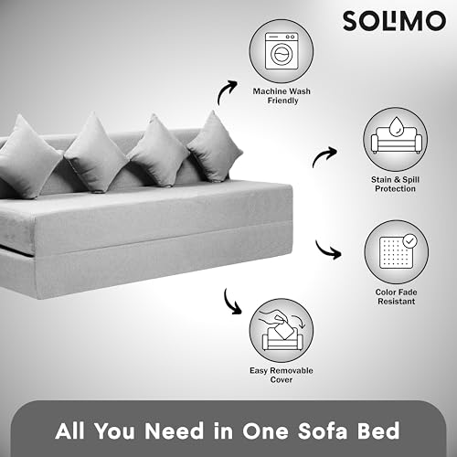 Image of Amazon Brand - Solimo 4 Seater 6 * 6 Jute Fabric Washable Cover Sofa Cum Bed with 4 Cushions 4 Seater Double Foam Fold Out Sofa Cum Bed (Finish Color - Light Grey Delivery Condition - Pre-Assembled)