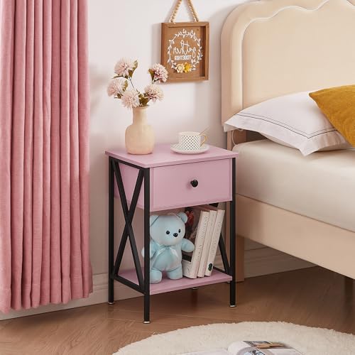 Image of VECELO Nightstand,Modern Bedside End Table, Night Stand with Drawer and Storage Shelf for Living Room Bedroom, Industrial Metal Frame