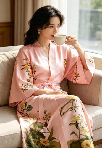 Image of Women's Classic 100% Silk Kimono Robe, Bathrobe-Printed Pattern