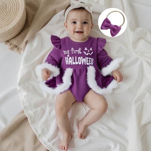 My First Halloween Baby Girl Outfit Ruffled Long Sleeve Velvet Romper Dress Fur Trim Party Dress Fall Clothes Headband2