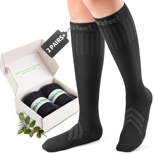 Wakefeet Compression Socks for Women and Men 2 Pairs, Compression Stockings 20-30 mmHg for Relief,Daily,Flight,Nurse,Standing