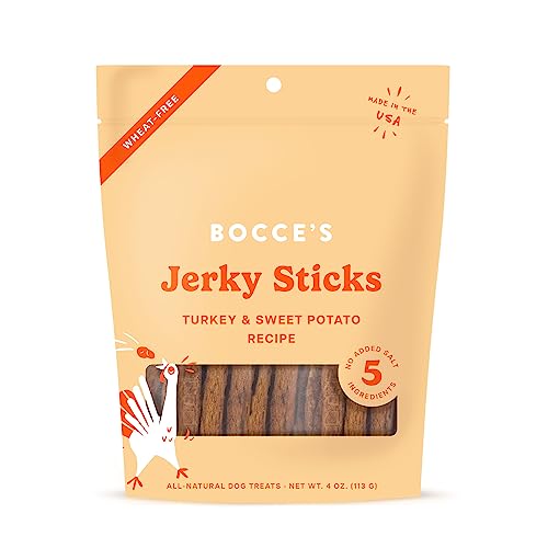 Bocce’s Bakery Jerky Stick Dog Treats, Wheat-Free, Made with Limited-Ingredients, Baked in The USA with No Added Salt or Sugar, All-Naural & High-Protein, Turkey & Sweet Potato, 4 oz