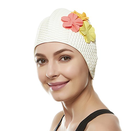Latex Swim Cap - Women Stylish Swimming Cap Great for Ladies, Perfect to Keep Hair Dry - Suitable for Long Hair - Bubble Crepe with White and Colored Flowers