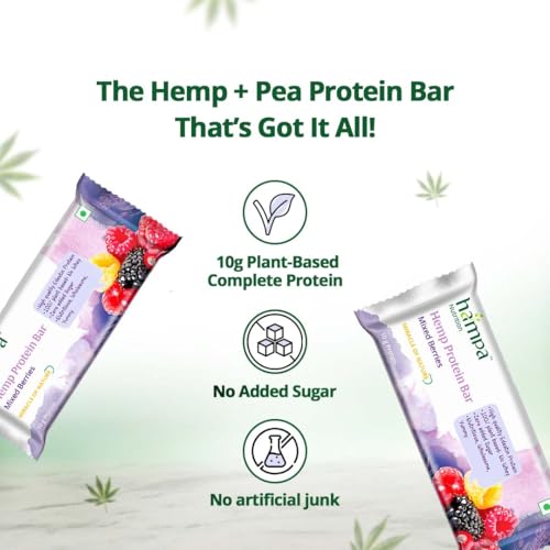 Image of Hampa Hemp protein Bar 50g | Mixed Berries Flavour | 10g Plant Protein | No Whey, Vegan Friendly | No Added Sugar, Sweetened with Dates | Anytime Snack with Edestine Protein | Pack of 3