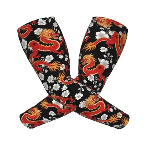 VAFZASC Women Girls Fashion Warm Arm Sleeves Japanese Chinese Dragon Flower Black Floral Thermal Compression Sleeves for Winter Cold Weather Hiking Driving