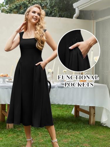 Image of Women's Formal Wedding Guest Dress Square Neck Cocktail Drop Waist Bridesmaid Flowy Midi Dresses with Pockets