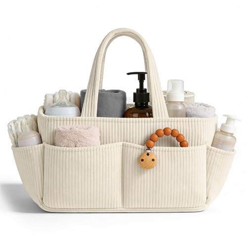 Indrnif Panier à langer en velours côtelé pour table à langer, organiseur de couches pour bébé avec compartiments interchangeables, panier de rangement...