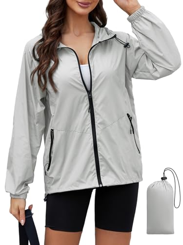 CRIPOM Packable Rain Jacket Women Thin Short Raincoat Waterproof Lightweight Rain Jacket Hooded Womens Windbreaker Jackets Travel Grey S