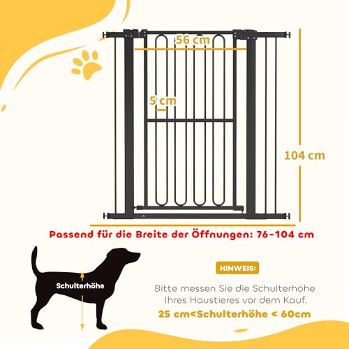 PawHut Treppenschutzgitter 104cm Türschutzgitter Absperrgitter ohne Bohren 76-104 cm Schutzgitter aus Stahl für Hunde, Haustiere Treppen, Tür, Schwarz