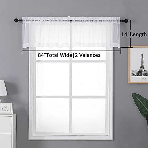 Image of Chyhomenyc Sheer White Valances for Windows 2 Pack, Small Window Curtains for Living Room Bathroom Cafe Laundry Basement, Modern Top Dual Rod Pocket Voile Curtain, 42W x 14L inches, White