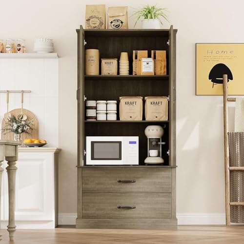 GarveeHome Kitchen Pantry Cabinet, Farmhouse Storage Cabinet with Barn Doors, Drawers and Adjustable Shelves, Versatile Storage for Kitchen, Dining Room, Rustic Grey