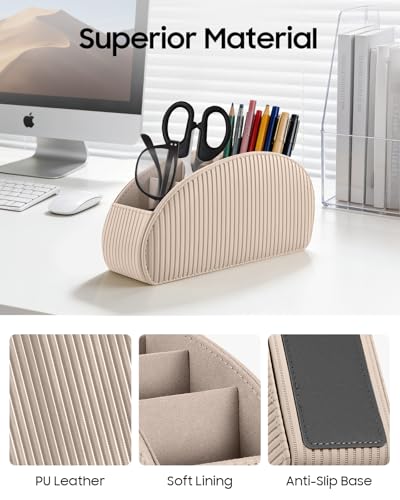Image of SITHON Remote Control Holder with 5 Compartments - PU Leather Remote Caddy Desktop Organizer Store TV, DVD, Blu-Ray, Media Player, Heater Controllers, Stripe Latte