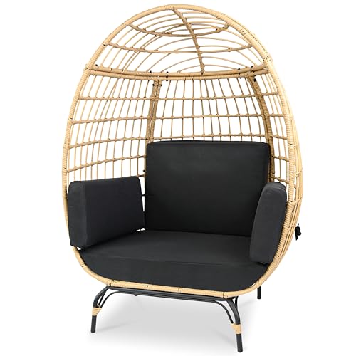 SereneLife Wicker Rattan Egg Chair with Cushions, Indoor Outdoor Egg Chair with Steel Frame and Washable Pillows, Woven Texture, Comfortable Design for Porch, Deck, Garden, or Room, Holds Up to 440lbs