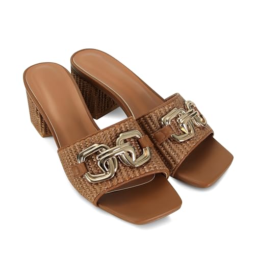 Image of SOVANYOU Women's Raffia Sandals Square Toe Slip on Mules Comfortable Dressy Sandals Chunky Block Heels for Beach Party Vacation Shoes