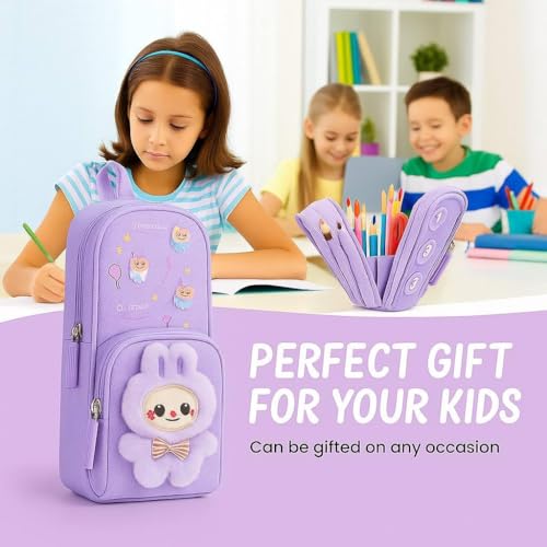 Image of Three Layer School Bag-Shaped Pencil Pouch, Large-Capacity Pencil Pouch with Zipper, Multipurpose Pen & Pencil Case for School Supplies for Boys & Girls (Pack of 1) (Pouch-Purple)