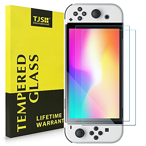 TJS 2 Pack Screen Protector Tempered Glass for Nintendo Switch OLED Model 2021 7.0', [Works While Docking] - 0.3mm Thickness/Bubble Free/Ultra Clear/9H Hardness/Anti-Scratch/Anti-Fingerprint (Clear)