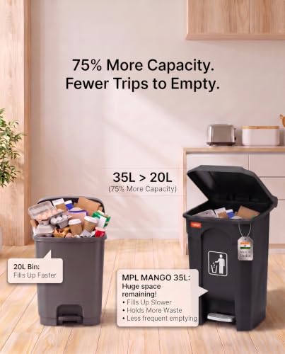 Image of pedal dustbin with lid, heavy duty plastic garbage bin, hands-free step-on waste bin for kitchen, office, home, hotel, bathroom & outdoor use (Jet Black, 35 Liters)