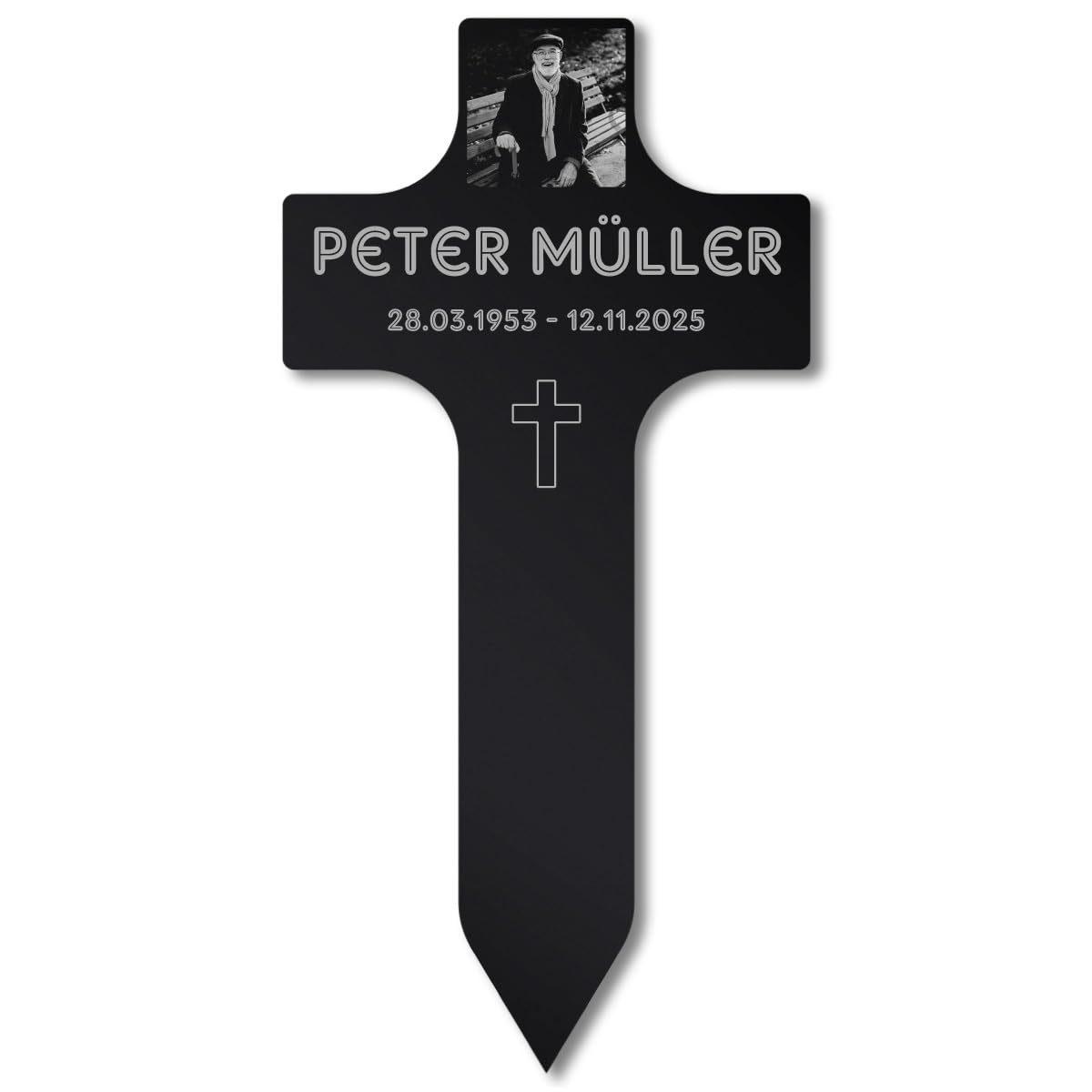 Paule Black Personalisierter Grabstecker Kreuz Grabschmuck mit Foto Gravur - Acrylglas Schwarz Hochglanz 400 x 800 mm - wetterfest für Außenbereich, Mama Papa Oma Opa Steckkreuz