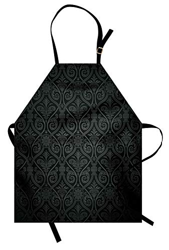 Lunarable Damask Apron, Antique Baroque Pattern Mild Ombre Shade Gothic Victorian Style, Unisex Kitchen Bib With Adjustable Neck For Cooking Gardening, Adult Size, Charcoal Grey #TOP14