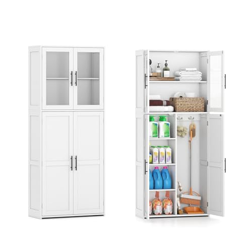 COSTWAY Meuble Colonne Salle de Bain, Armoire à Balais, Meuble de Rangement avec 2 Placards, Étagère Réglable, Armoire de Nettoyage pour Salon, Cuisine,...