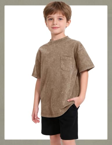 Image of COZYPOIN Unisex Kids Vintage Acid Wash Cotton Tees Crew Neck 3-16Y | 100% Cotton Boys Oversized T Shirt, Crew Neck, Short Sleeve, Front Pocket, Vintage Acid Washed Kids Tees for Boys Girls