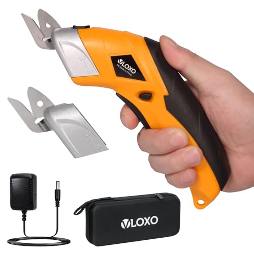 VLOXO Tijeras Electricas Carton con 2 Cuchillas de Corte Tijeras Eléctricas para Costura Cortar Cartón Cuero Alfombra Planta en Maceta Recargable Inalámbrico Tijera Electrica con Cargador- Amarillo