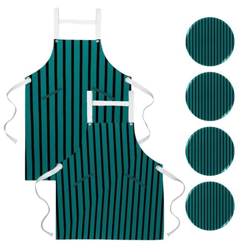 Tablier de cuisine rayures noires et vertes avec 4 broches pratiques