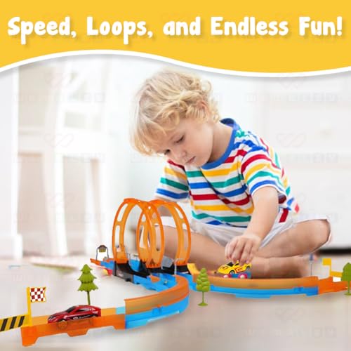 Image of Wembley 29 Pieces Multiplayer Track Set Loop Diecast Car Racing Adventure Toys for Kids 3+ Years with Double Loop 360 Spin Way 2 1:64 Scale Pull Back Car