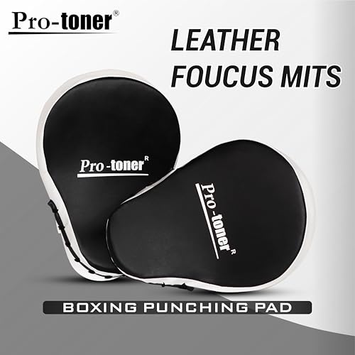Image of Pro-Toner Boxing Focus Pads, Curved Maya Hide Leather, Hook and Jab Target Hand Pads, Black and White (Black)
