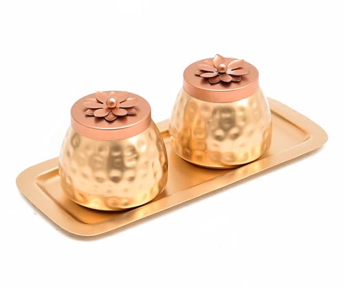 Image of Sanvatsar Square Shape Metal Basket with Jar Tray 4 Copper Flower Container Dry Fruits Chocolate Sweets Candys Gifts Set for Office, Home Decor Table Decoration Item (Pack of 2 Tray Plain)