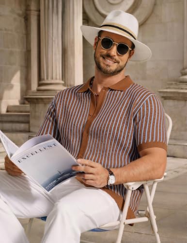 Image of COOFANDY Mens Knit Button Down Shirts Short Sleeve Polo Shirt Vintage Striped Casual Shirts