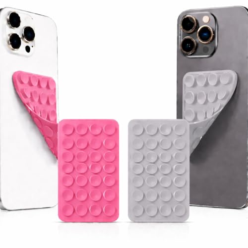 Image of GooseBox Suction Phone Case, Silicone Suction Phone Case for Hands-Free Mobile Accessory Holder Grip, Video Phone Accessory Compatible Mirror, Shower (Grey & Dark Pink, Pack of 2)