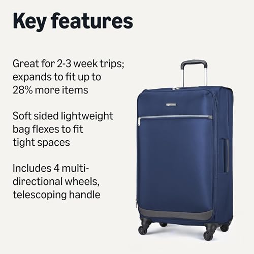 Amazon Basics Luggage, 28" Large Checked Softside Suitcase With Wheels With Four 360-Degree Multi-directional Spinner Wheels Expandable Space Zippered Pocket and Straps, Telescopic Handle, Navy Blue - Image 4