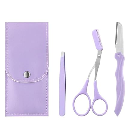 FLASHFOX Men's Eyebrow Grooming Set - 3 Piece Eyebrow Tool with PU Leather Case - Stainless Steel, Portable, Detachable Head - Unisex-Adults, Beginners & Professionals