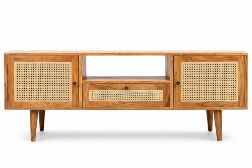 Image of Premium Solid Wood, 10 Minutes Assembly (Legs Only), Aesthetic Rattan Doors, Mid Century Entertainment Center for Living Room, TV Stand for 65 inch TV, Dark Chocolate (Unipue Natural)