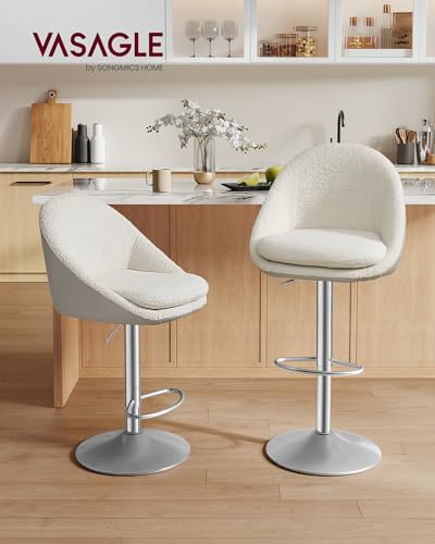 VASAGLE Barhocker, 2er Set, Barstuhl, höhenverstellbar, 360° drehbar, Küchenstuhl, mit Rückenlehne, Sockel, Fußstütze, Stahl, für Theke, Bar, Esszimmer, cremeweiß-Silbergrau LJB110W01