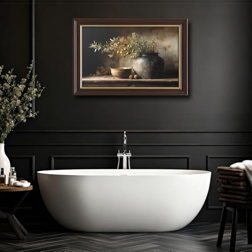 Image of Framed Vintage Olive Branch Still Life Canvas Wall Art, Rustic Pottery Vase Oil Painting Canvas Prints Pictures, Farmhouse Kitchen Wall Decor for Living Room Bedroom Dining Room