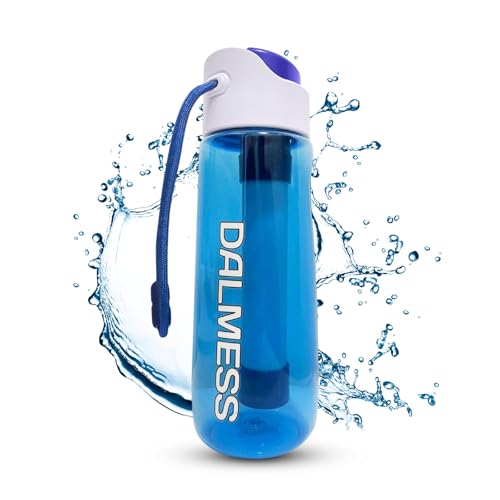 DALMESS - Gourde Filtrante Eau Non Potable 750ml avec Paille Filtrante de survie au Charbon Actif Purificateur d'eau Camping Randonée Voyage Trek Filtre 99.99% des bactéries elimine chlore et odeurs