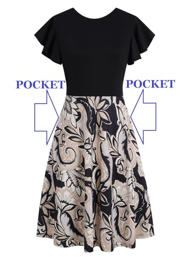Image of MSLG Women's Fit and Flare Ruffle Short Sleeves Dresses Work V-Back Cocktail Semi Formal A Line Dress with Pockets 842