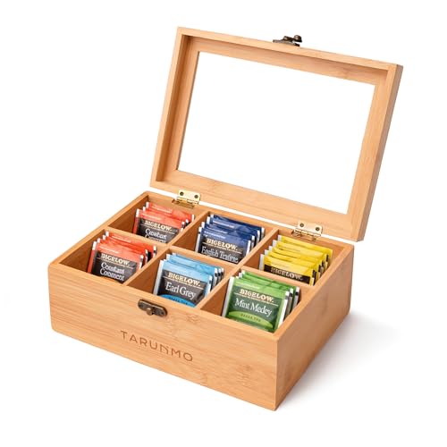 TARUNMO Tea Box Organizer and Storage,Bamboo Organizers Boxs with Acylic Lid for Tea Bag Holder,Sampler Box 6 Slots 8Inch,Sugar Packet