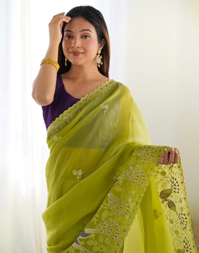 Image of SIRIL Women's Silk Blend Sequence Embroidery Saree With Unstitched Blouse Piece for Wedding and Parties
