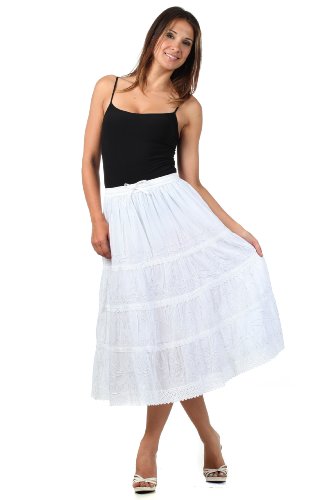 Sakkas Solid Embroidered Crochet Lace Trim Gypsy Bohemian Mid Length Cotton Skirt3
