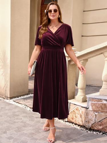 Image of BELAROI Velvet Dress Cocktail Party Plus Size Fall Midi Dresses with Pockets Wrap V Neck Empire Waist Short Sleeve L-4XL